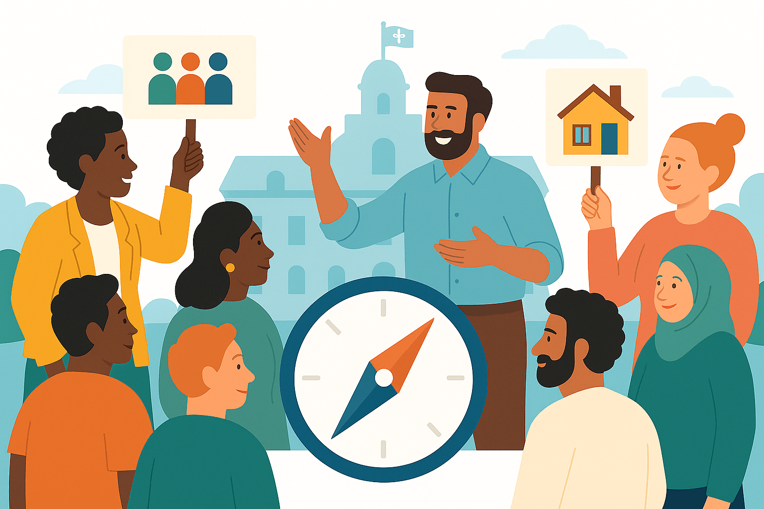 Illustration de citoyens diversifiés autour d'une boussole